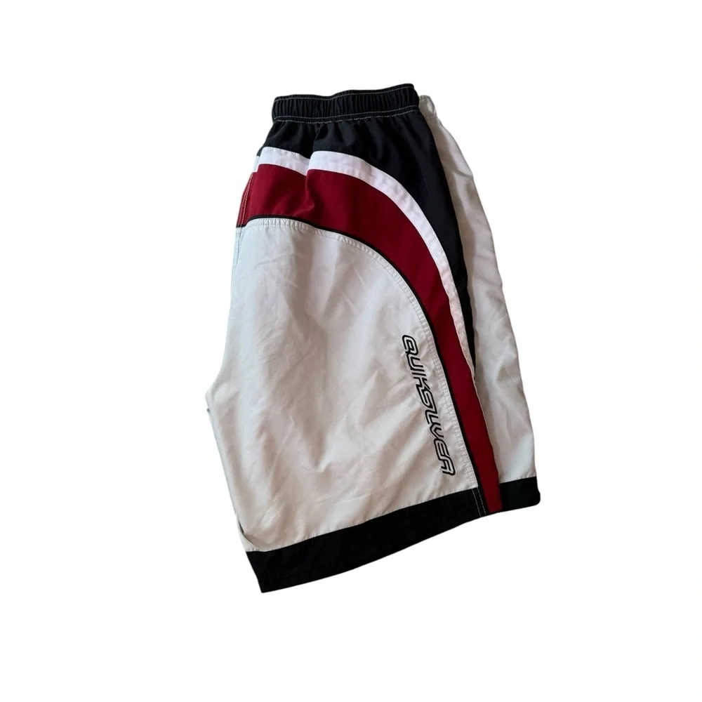 Quiksilver White Swim Trunks with Black Side Panels and Red Piping